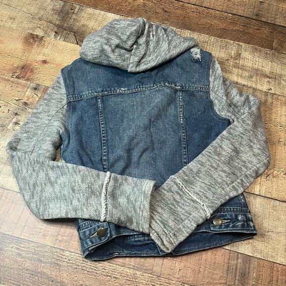 Free People Women 's Mixed Media Hooded Distressed Denim Jacket Sz XS FLAW - Picture 5 of 5